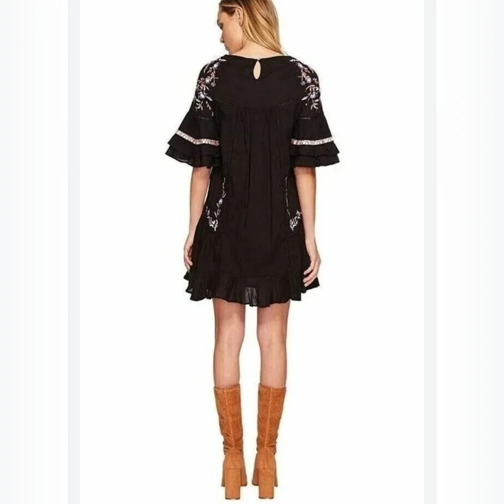Free People Pavlo Cotton Embroidered Black Flounce Fairycore Dress Sz XS
